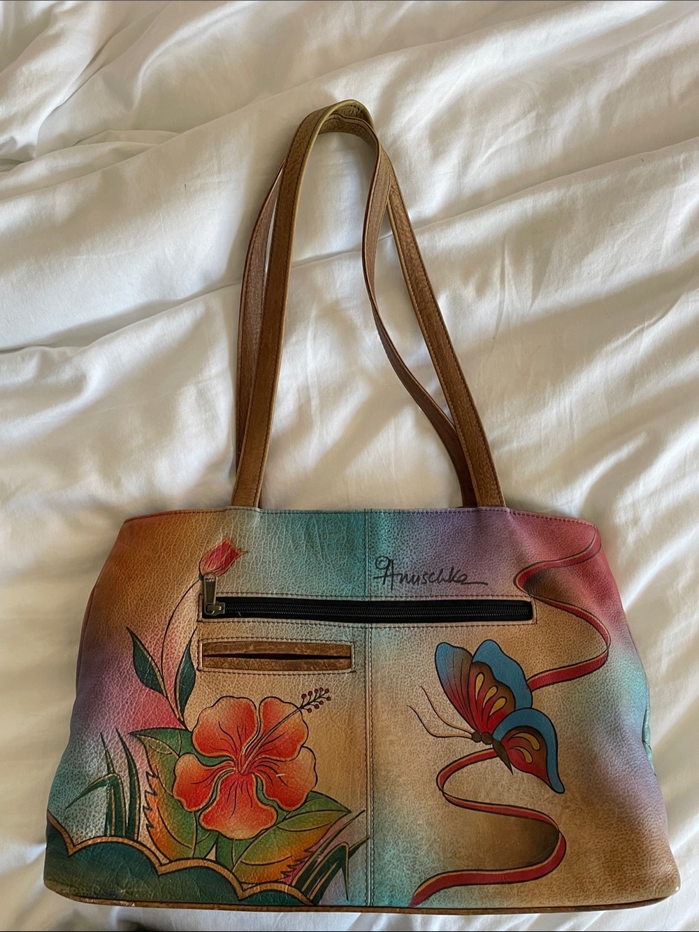 Anuschka Hand-Painted Butterfly & hibiscus floral Leather Shoulder Bag - Picture 2 of 16
